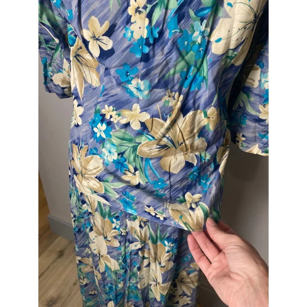 Lesley Fay Vintage 90s 2 Piece Set Floral Tropical Blue Tunic Top Maxi Skirt - Picture 7 of 9